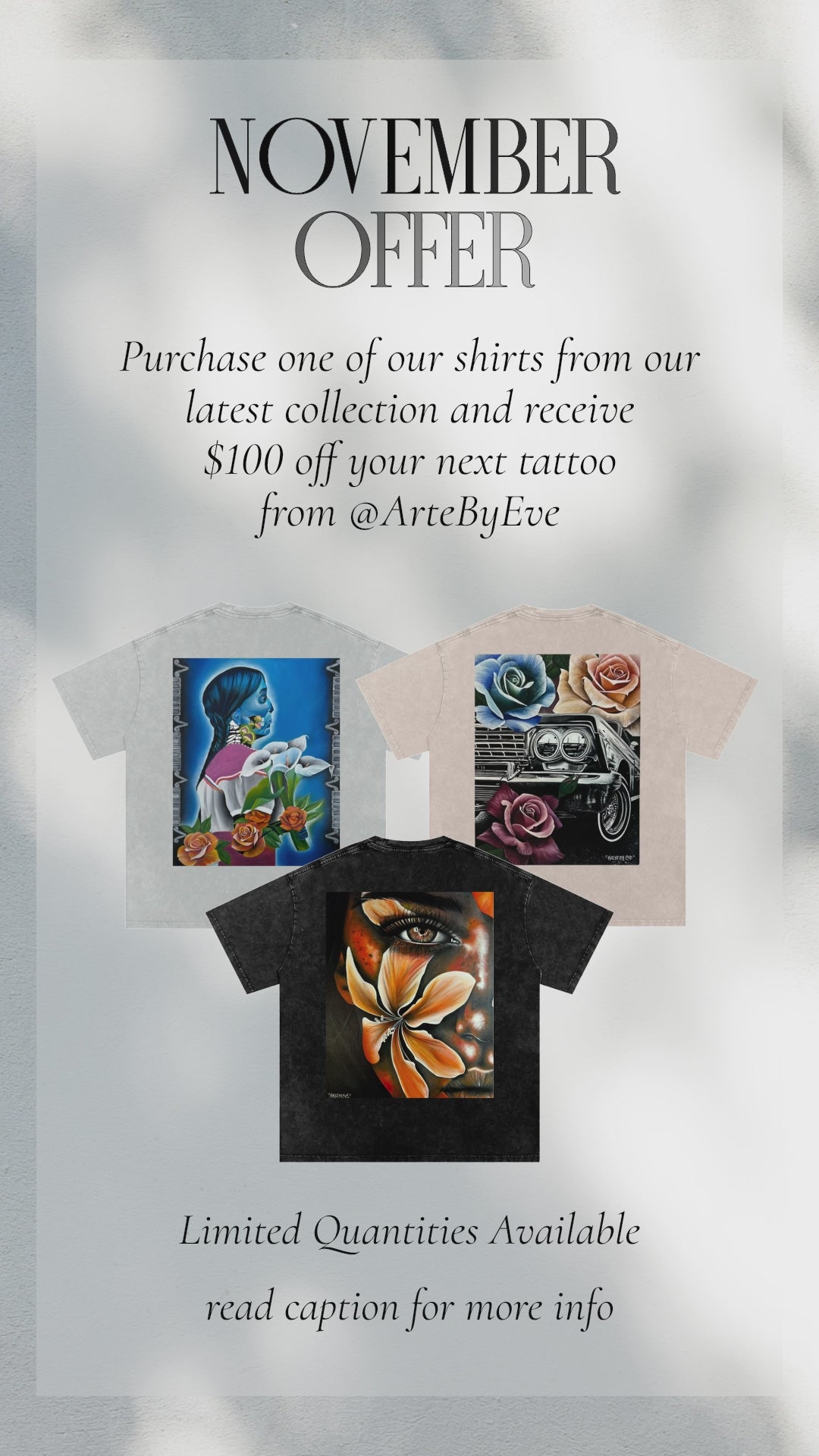Load video: Purchase one of our shirts from our latest collection and receive $100 off your next tattoo from @ArtebyEve 💫you’ll receive voucher with your purchase. Limited Quantities Available- Don’t Miss Out! deposits are still required when booking and appointments already scheduled do not qualifyIf you have any questions Message us or email artebyeve@icloud.com